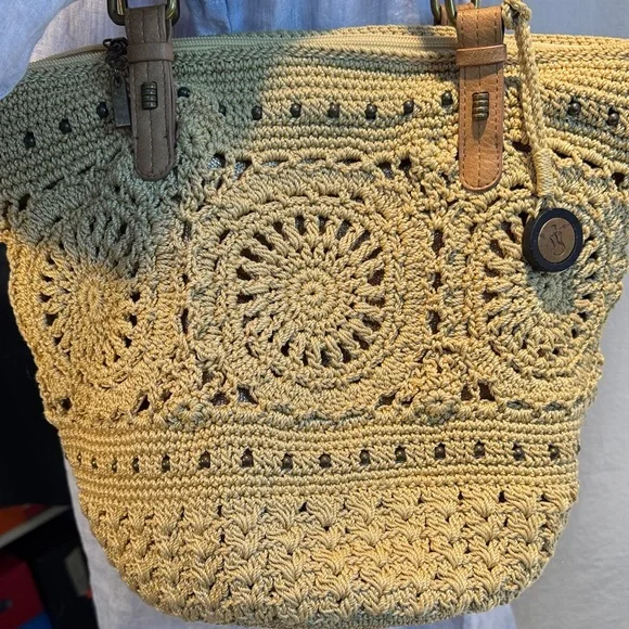 Woven Crochet Tote Bag with Leather Straps - Beige - Picture 2 of 13